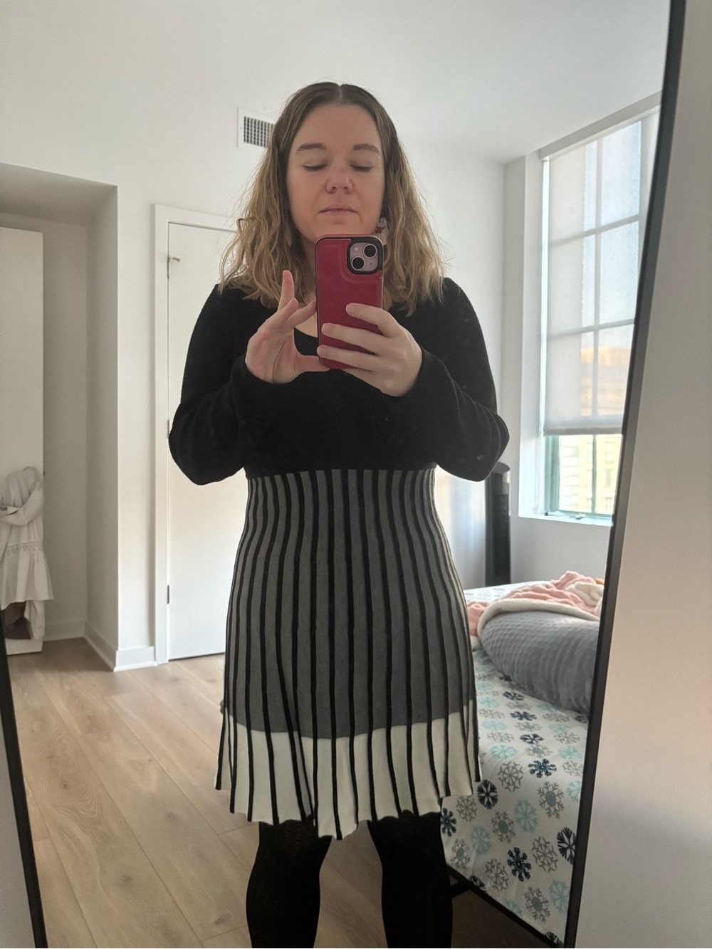 Me!  Black and Gray Striped Knit Fit-and-Flare Dress
